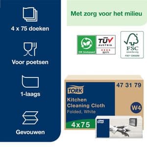Picture 2 of Reinigingsdoek Tork W4 Premium gevouwen 1-laags 4x75 vel wit 473179