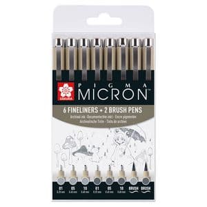 Picture 1 of Fineliner Sakura Pigma Micron 6 schrijfbreedtes - 2 brushpen koudgrijs