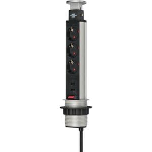 Picture 1 of Stekkerdoos Brennenstuhl toren 3vdig incl 2 USB 2 meter zwart/zilver