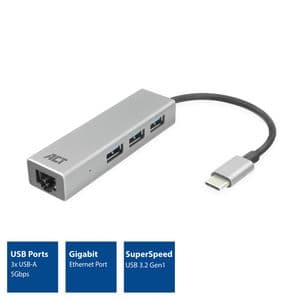 Picture 2 of Hub ACT USB-C 3.0 3x USB-A Gigabit ethernet