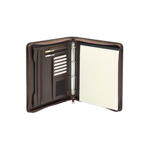 Picture 1 of Schrijfmap van der Spek A4 4-rings 25mm O-mechaniek + rits leer met nerf bruin