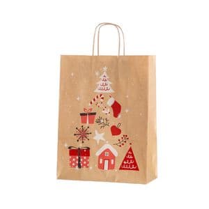 Picture 1 of Kerstdraagtas papier 26cm x 12cm x 32cm bruin/rood kerstboom bruin kraft 90gr / m2