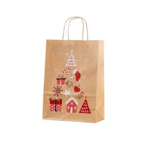 Picture 1 of Kerstdraagtas papier 22cm x 10cm x 31cm bruin/rood kerstboom bruin kraft 90gr / m2