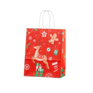 Picture 1 of Kerstdraagtas papier 18cm x 8cm x 22cm rood kersthert wit kraft 90gr / m2