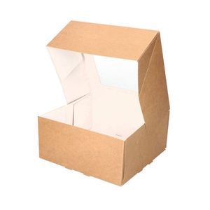 Picture 1 of Gebaksdoos met venster 19cm x 19cm x 9cm bruin kraft onbedrukt