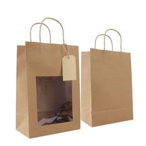 Picture 1 of Draagtas papier 18cm x 8cm x 19cm bruin onbedrukt met venster natronkraft 120gr / m2