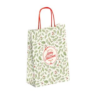 Picture 1 of Kerstdraagtas papier 27cm x 11cm x 36cm wit/groen/rood merry christmas gecoat papier 130gr / m2