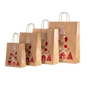 Picture 2 of Kerstdraagtas papier 26cm x 12cm x 32cm bruin/rood kerstboom bruin kraft 90gr / m2