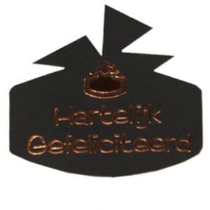 Picture 1 of Cadeau etiket cadeau glans zwart opdruk hartelijk gefeliciteerd koper
