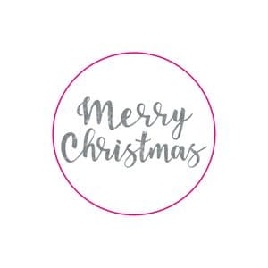 Picture 1 of Cadeau etiket rond 32 mm glans wit opdruk merry christmas zilver glitter