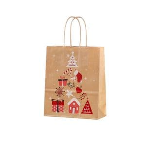 Picture 1 of Kerstdraagtas papier 18cm x 8cm x 22cm bruin/rood kerstboom bruin kraft 90gr / m2