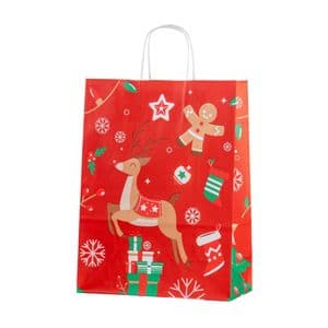 Picture 1 of Kerstdraagtas papier 26cm x 12cm x 32cm rood kersthert wit kraft 90gr / m2