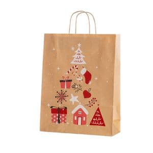 Picture 1 of Kerstdraagtas papier 32cm x 12cm x 41cm bruin/rood kerstboom bruin kraft 100gr / m2