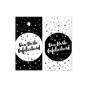 Picture 1 of Cadeaulabel karton 8cm x 4cm hartelijk gefeliciteerd wit/zwart